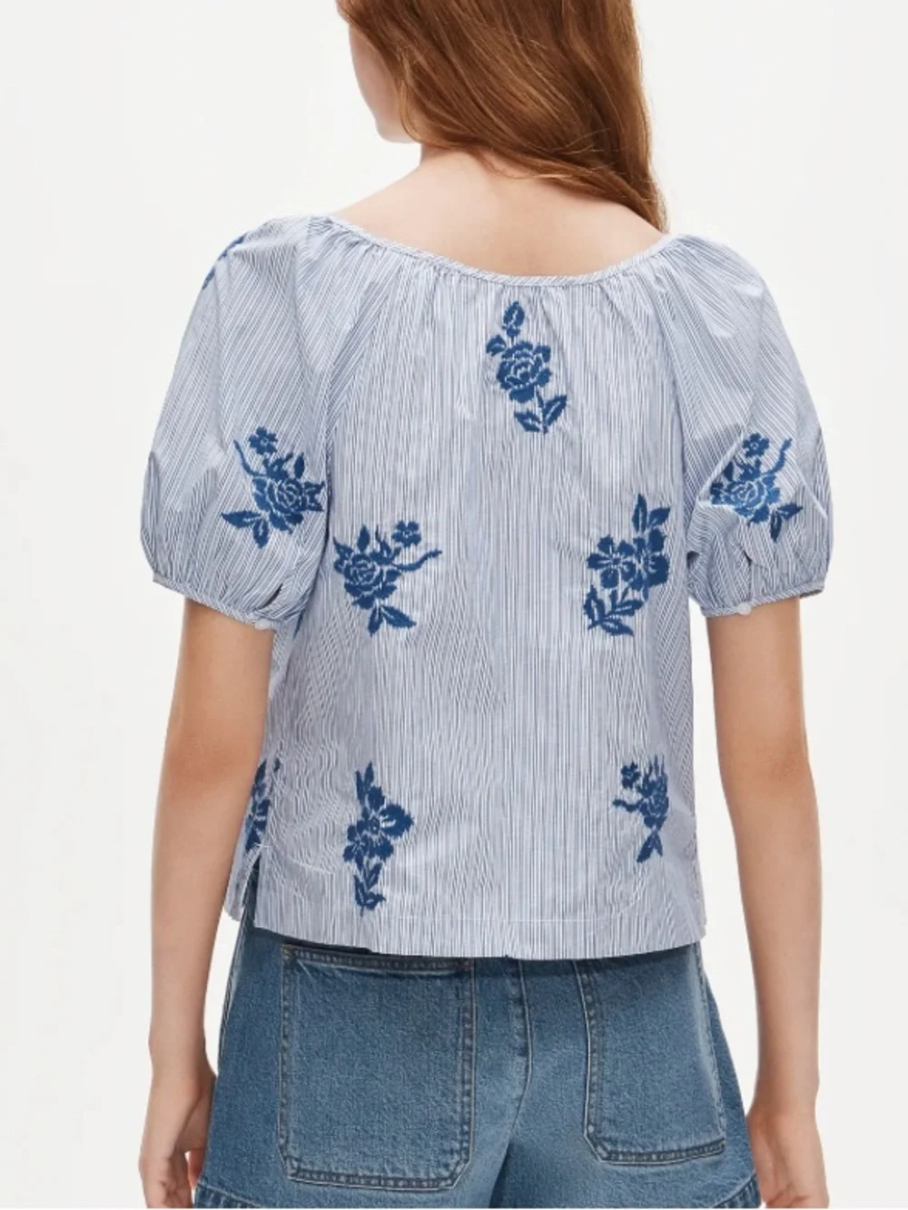 J crew Puff-sleeve button-up top in embroidered floral stripe
